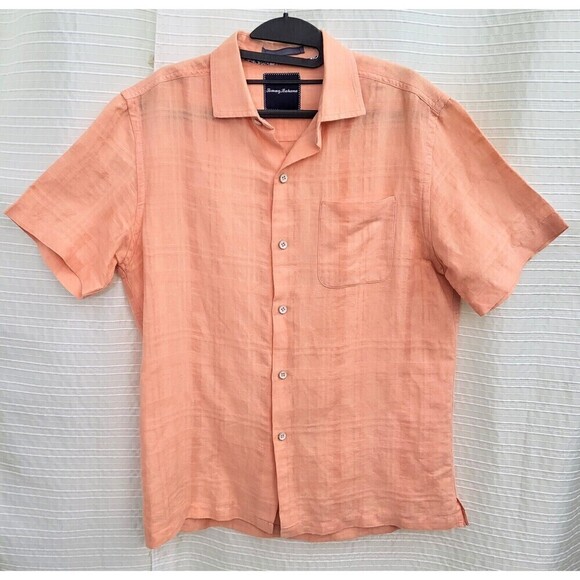 Tommy Bahama Squarely There Camp Shirt Linen Blend Light Tangerine Men's Small - Picture 2 of 7